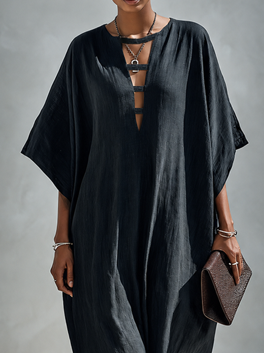 Women's Solid Black Linen Maxi Dress With Deep V-Neck And Slit