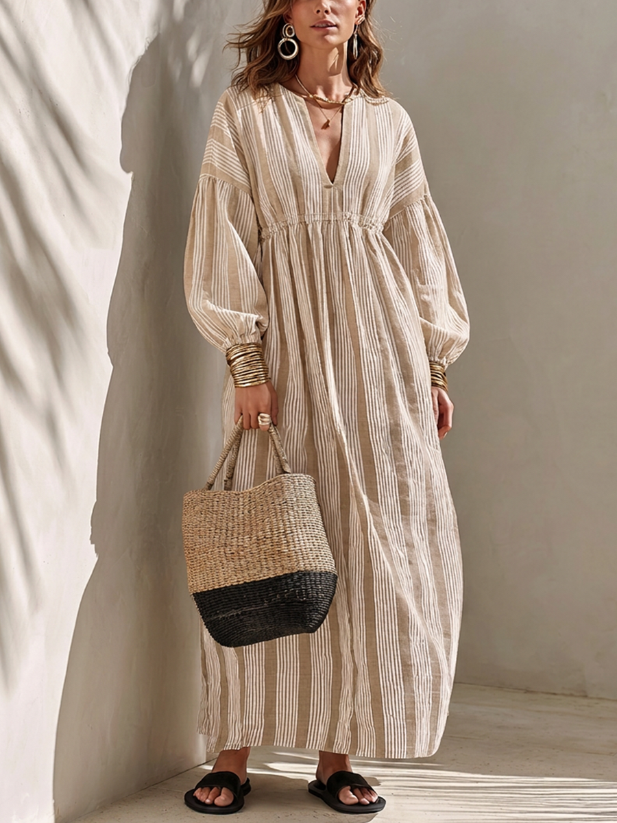 Women's Minimalist Off-White Vertical-Stripe Linen Maxi Dress