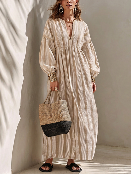 Women's Minimalist Off-White Vertical-Stripe Linen Maxi Dress