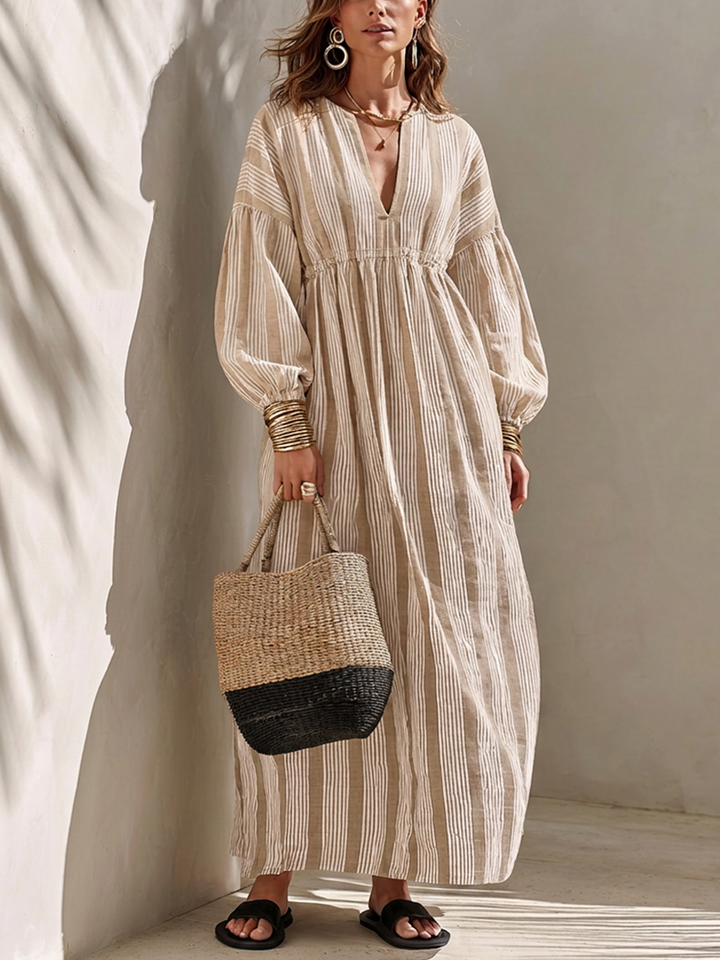 Women's Minimalist Off-White Vertical-Stripe Linen Maxi Dress