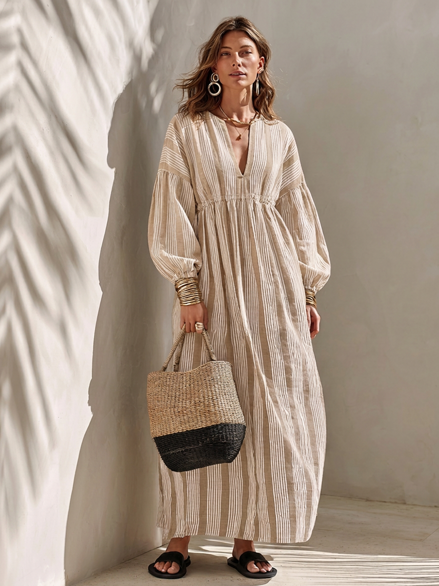 Women's Minimalist Off-White Vertical-Stripe Linen Maxi Dress