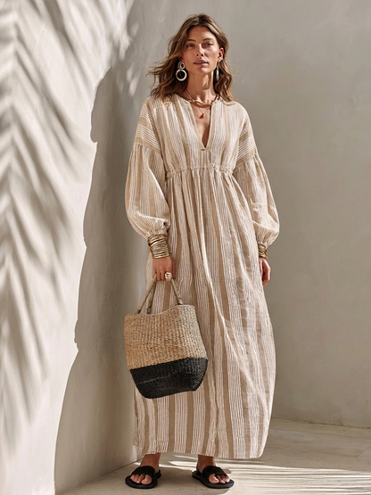 Women's Minimalist Off-White Vertical-Stripe Linen Maxi Dress