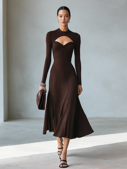 Women's Minimalist Solid Brown Midi Dress With Cut-Out Mock Neck