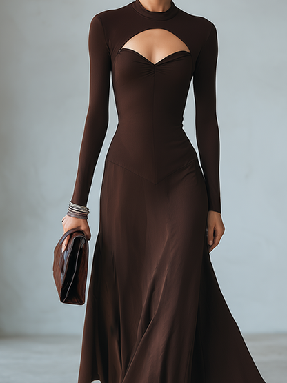 Women's Minimalist Solid Brown Midi Dress With Cut-Out Mock Neck