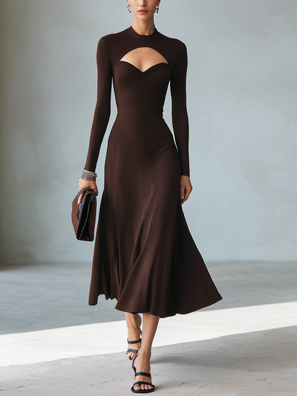 Women's Minimalist Solid Brown Midi Dress With Cut-Out Mock Neck