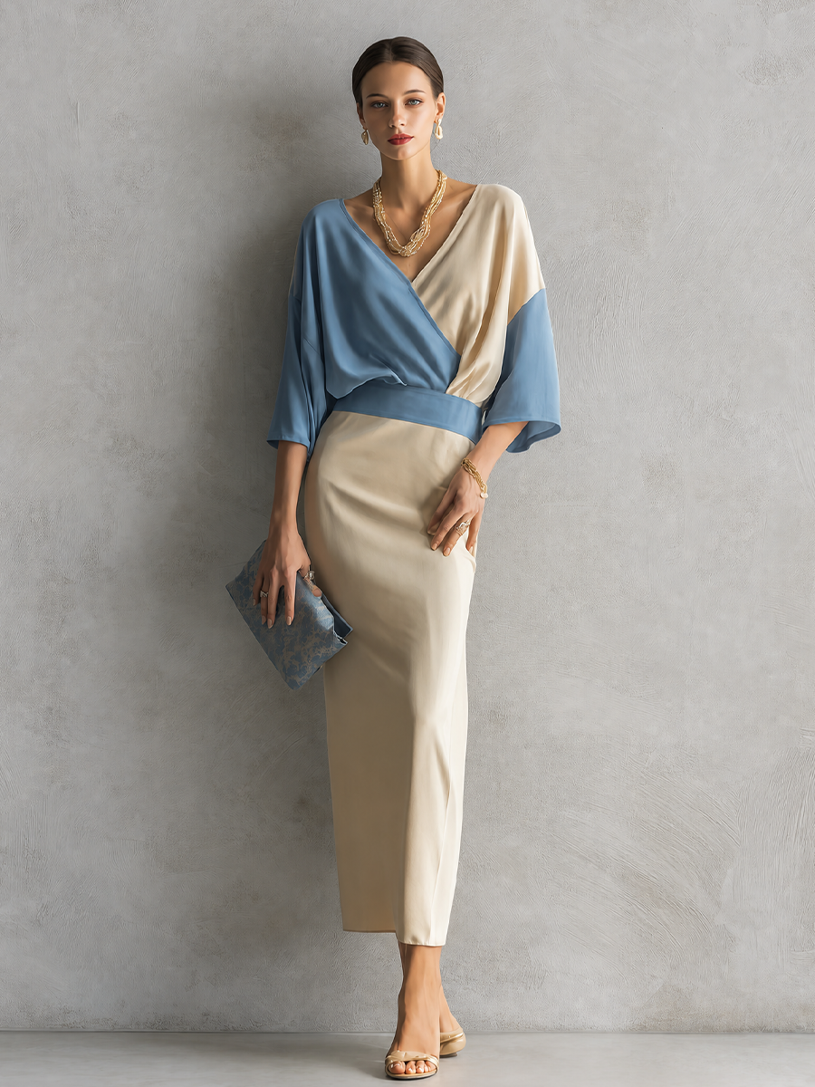 Women's Minimalist Premium Off White And Light Blue Cotton Blend V Neck Contrast Color Fitted Long Skirt Outfit