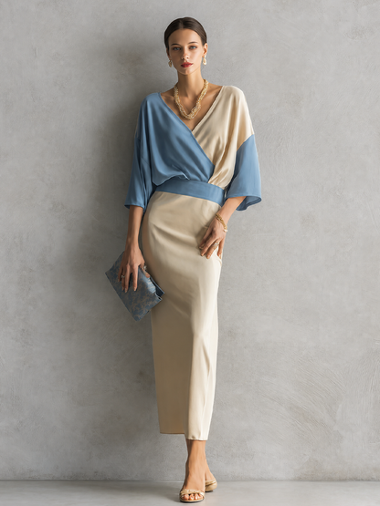 Women's Minimalist Premium Off White And Light Blue Cotton Blend V Neck Contrast Color Fitted Long Skirt Outfit