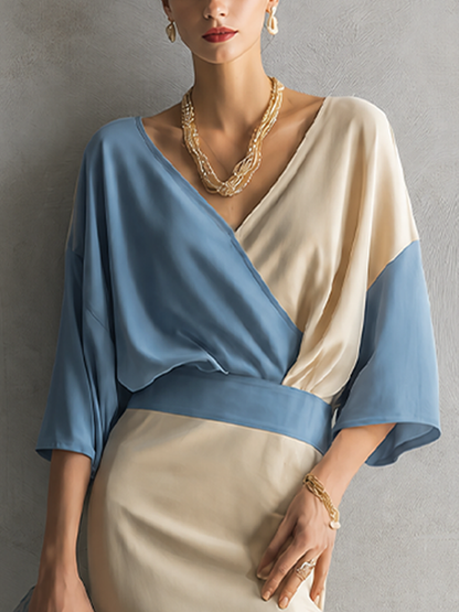 Women's Minimalist Premium Off White And Light Blue Cotton Blend V Neck Contrast Color Fitted Long Skirt Outfit