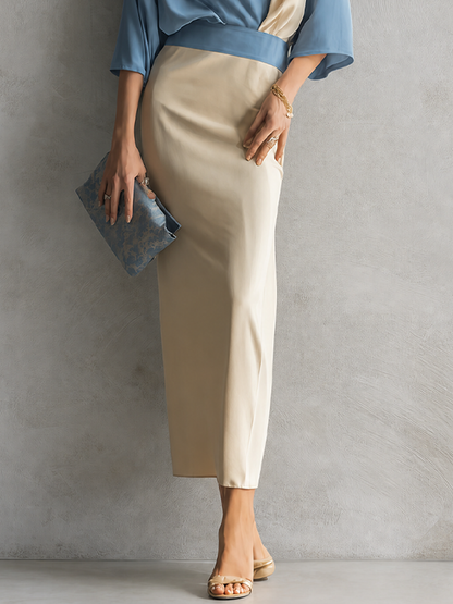 Women's Minimalist Premium Off White And Light Blue Cotton Blend V Neck Contrast Color Fitted Long Skirt Outfit