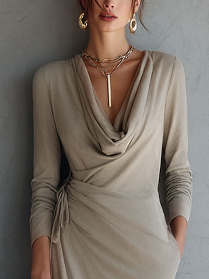 Women's Luxury Workwear Style Oat Knit Cotton Blend Cowl Neck Long Sleeve Side Tie Slit Midi Dress