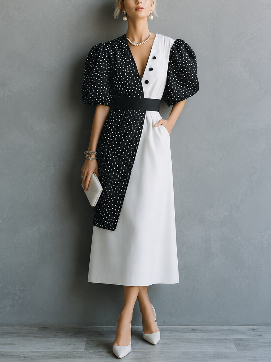 Women's Retro French Style Black White Cotton Blend Color Block V-Neck Puff Short Sleeve Waistband Midi Dress