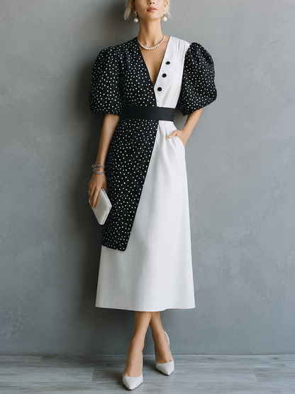 Women's Retro French Style Black White Cotton Blend Color Block V-Neck Puff Short Sleeve Waistband Midi Dress