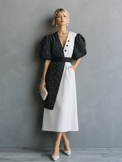 Women's Retro French Style Black White Cotton Blend Color Block V-Neck Puff Short Sleeve Waistband Midi Dress
