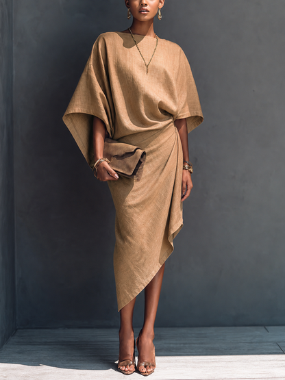 Women's Modern Minimalist Khaki Linen Blend Draped Asymmetric Short Sleeve Midi Dress