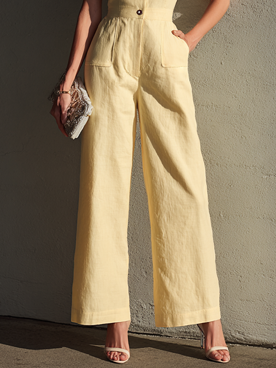 Women's Retro Elegant Light Yellow Cotton Blend Lace Collar Short Sleeve Wide-Leg Jumpsuit