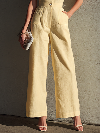 Women's Retro Elegant Light Yellow Cotton Blend Lace Collar Short Sleeve Wide-Leg Jumpsuit