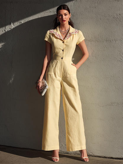 Women's Retro Elegant Light Yellow Cotton Blend Lace Collar Short Sleeve Wide-Leg Jumpsuit