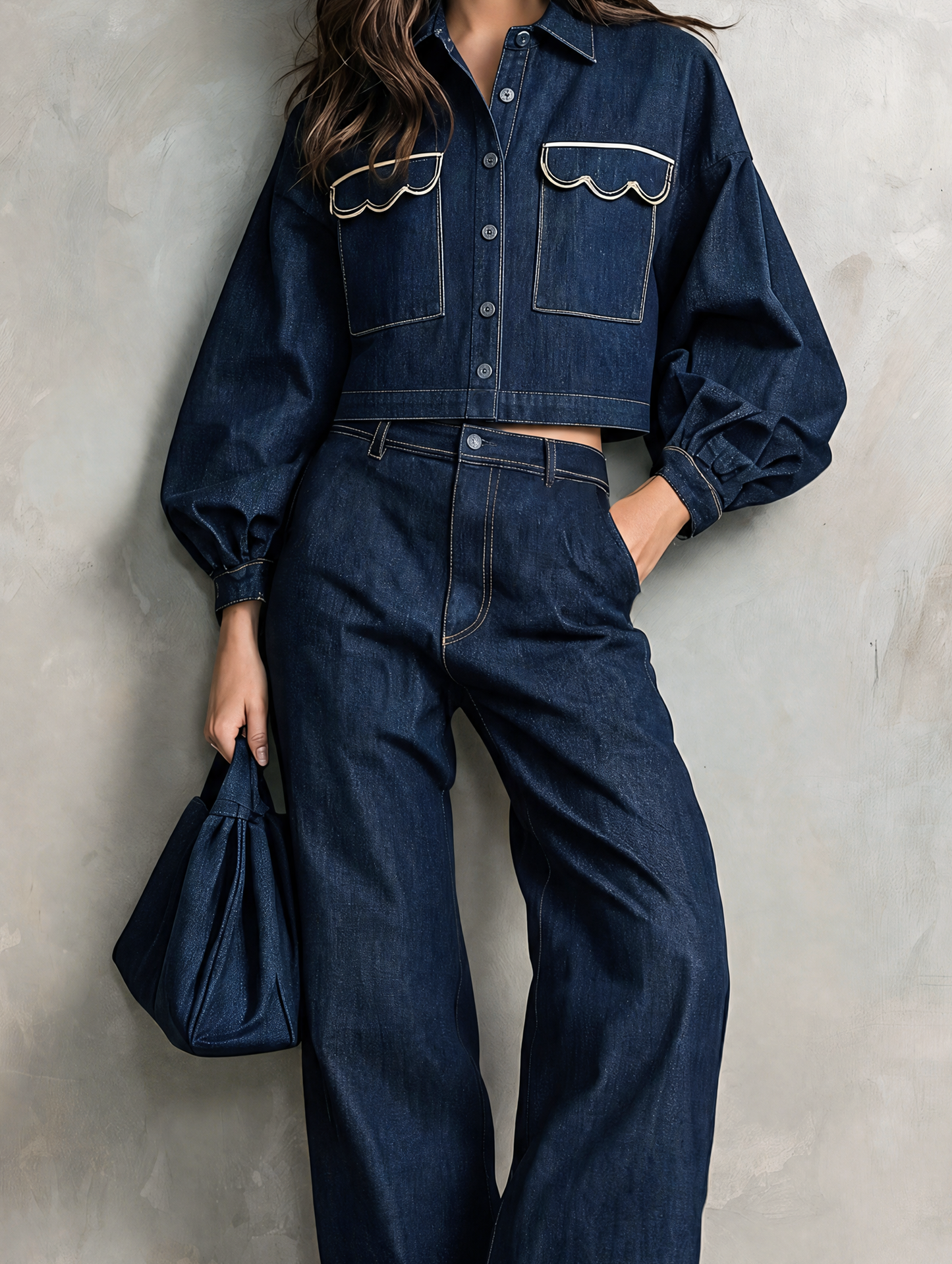 Women's Casual Dark Blue Long-sleeved Jacket Featuring Intricate Embroidery And A Faux-denim Look, Paired With Trousers