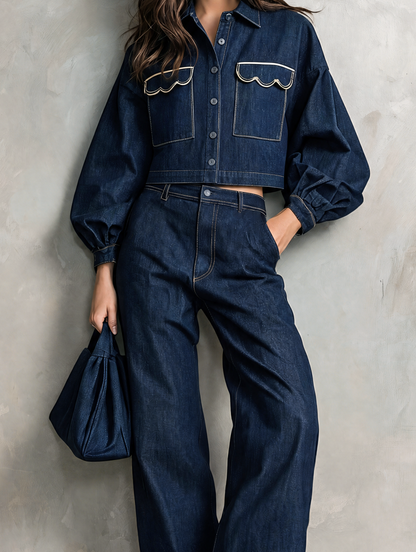Women's Casual Dark Blue Long-sleeved Jacket Featuring Intricate Embroidery And A Faux-denim Look, Paired With Trousers