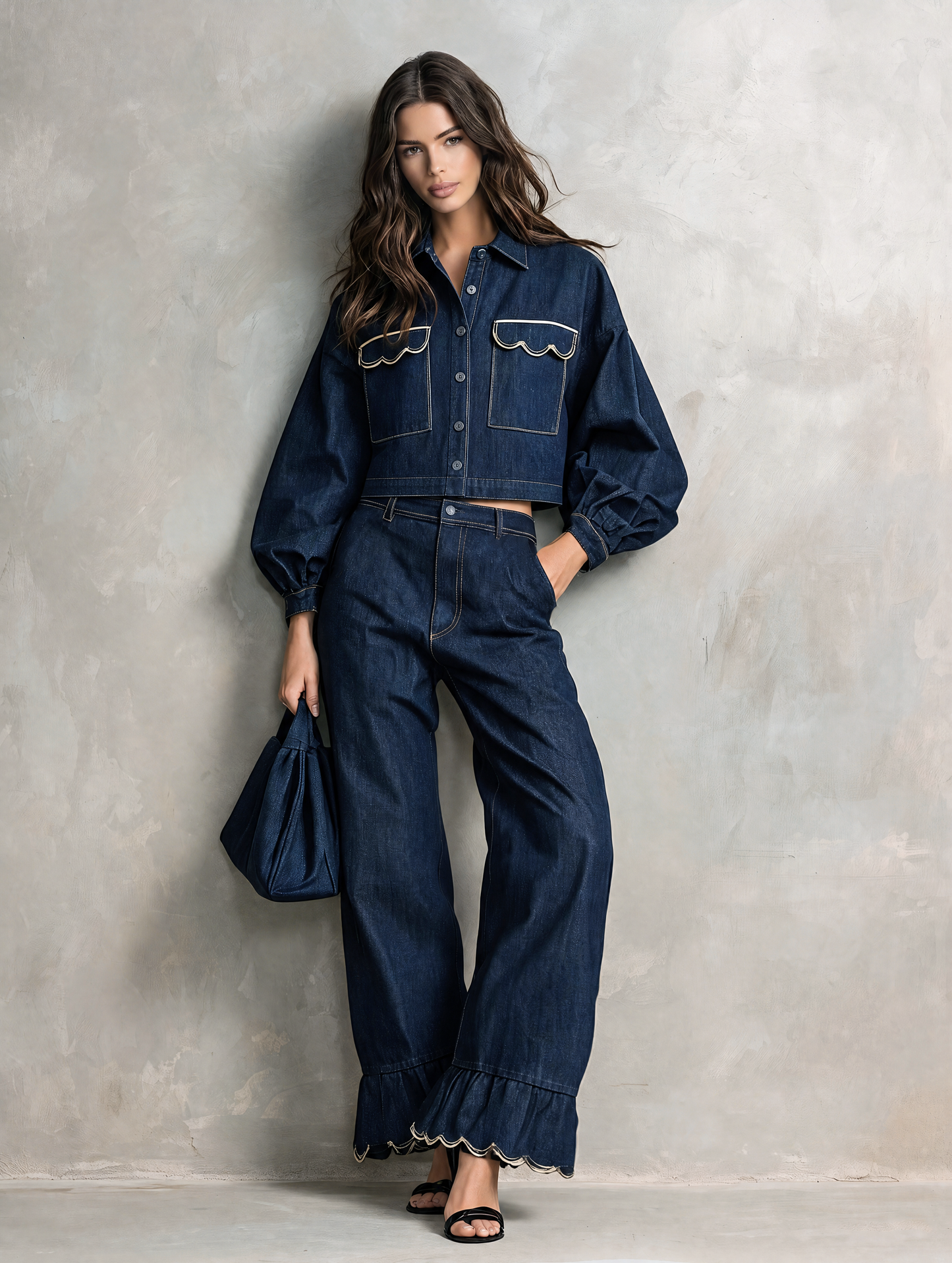 Women's Casual Dark Blue Long-sleeved Jacket Featuring Intricate Embroidery And A Faux-denim Look, Paired With Trousers