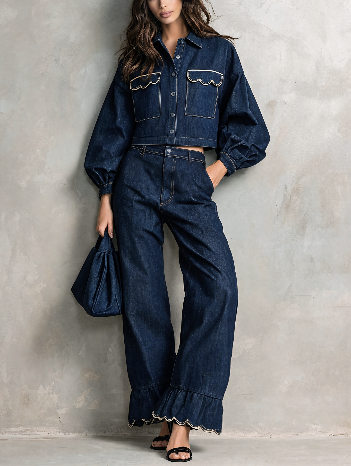 Women's Casual Dark Blue Long-sleeved Jacket Featuring Intricate Embroidery And A Faux-denim Look, Paired With Trousers