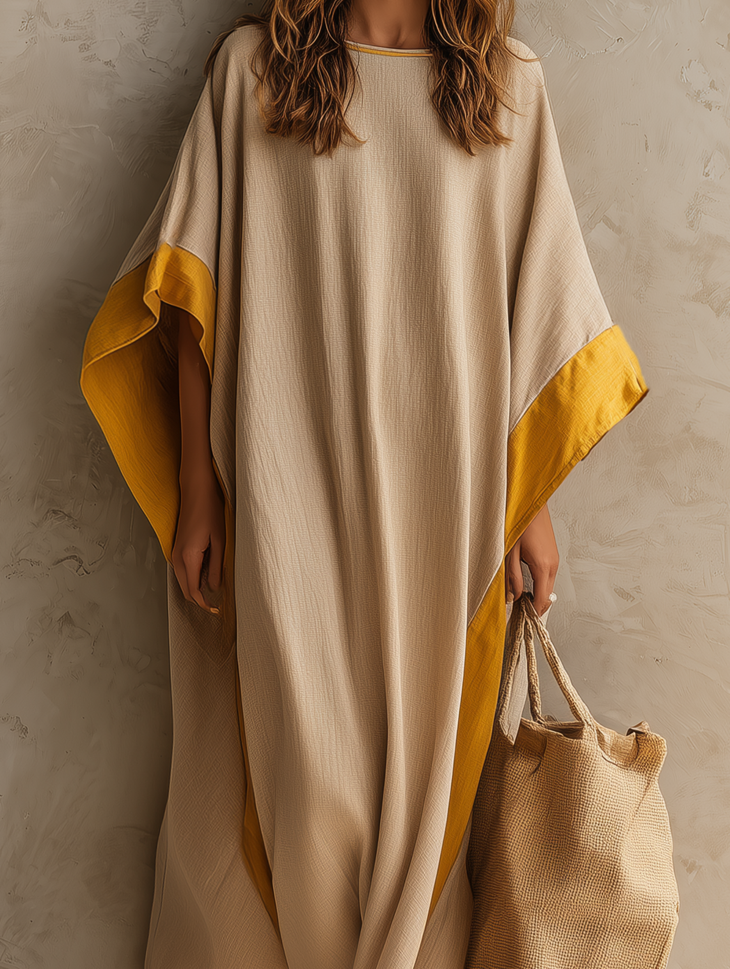 Women's Casual Khaki Cotton-linen Maxi Dress With A Round Neck And Batwing Sleeves