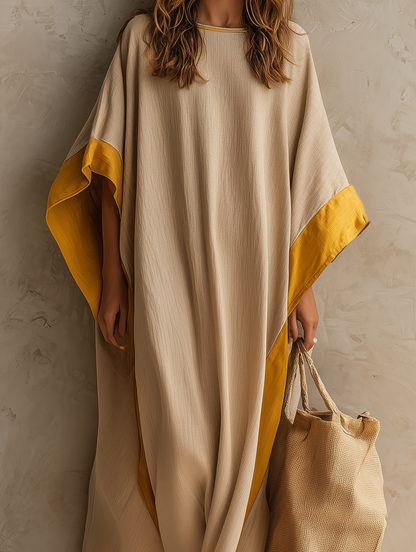 Women's Casual Khaki Cotton-linen Maxi Dress With A Round Neck And Batwing Sleeves