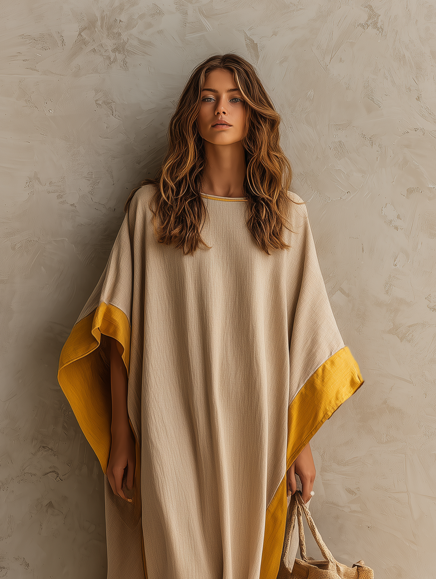Women's Casual Khaki Cotton-linen Maxi Dress With A Round Neck And Batwing Sleeves