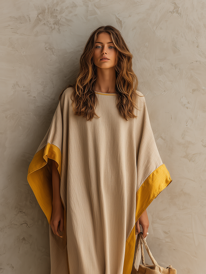 Women's Casual Khaki Cotton-linen Maxi Dress With A Round Neck And Batwing Sleeves
