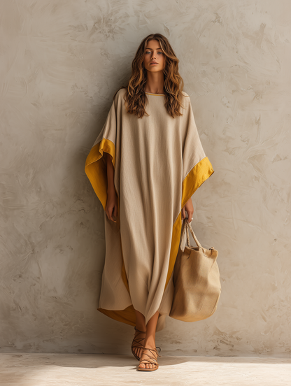 Women's Casual Khaki Cotton-linen Maxi Dress With A Round Neck And Batwing Sleeves
