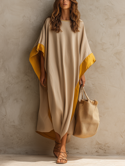 Women's Casual Khaki Cotton-linen Maxi Dress With A Round Neck And Batwing Sleeves