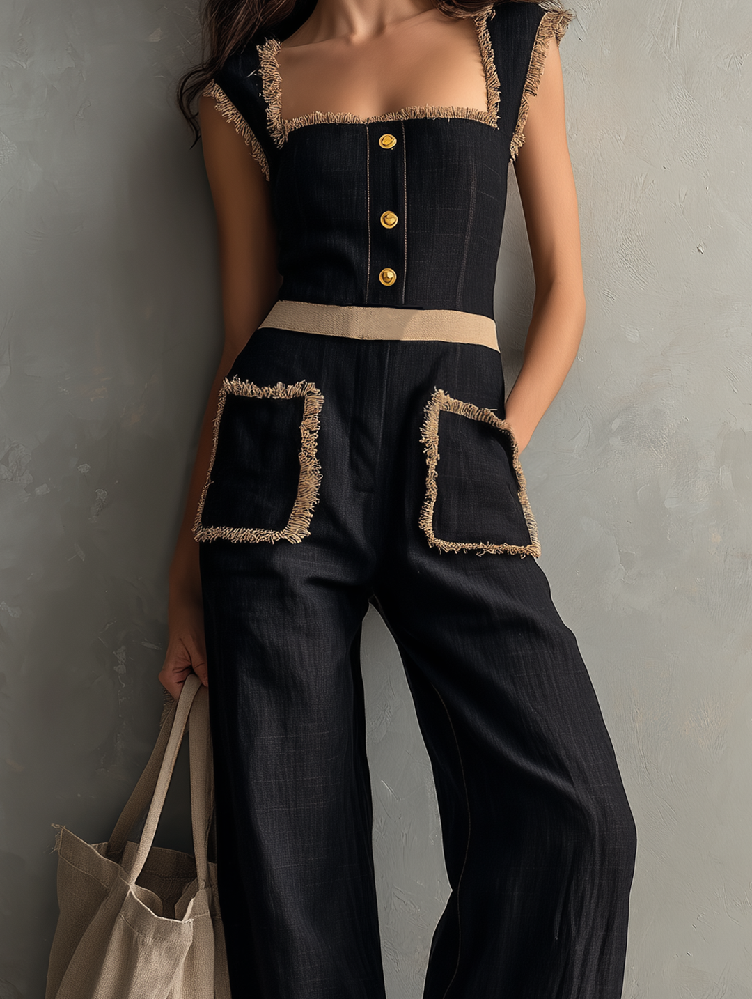 Women's Casual Black Cotton-Linen Sleeveless Jumpsuit With Wide Straps