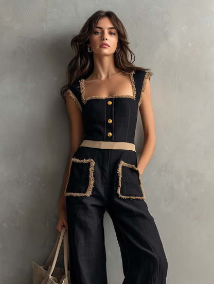 Women's Casual Black Cotton-Linen Sleeveless Jumpsuit With Wide Straps