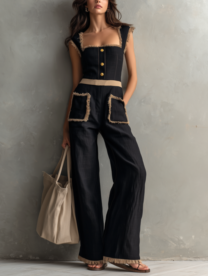 Women's Casual Black Cotton-Linen Sleeveless Jumpsuit With Wide Straps