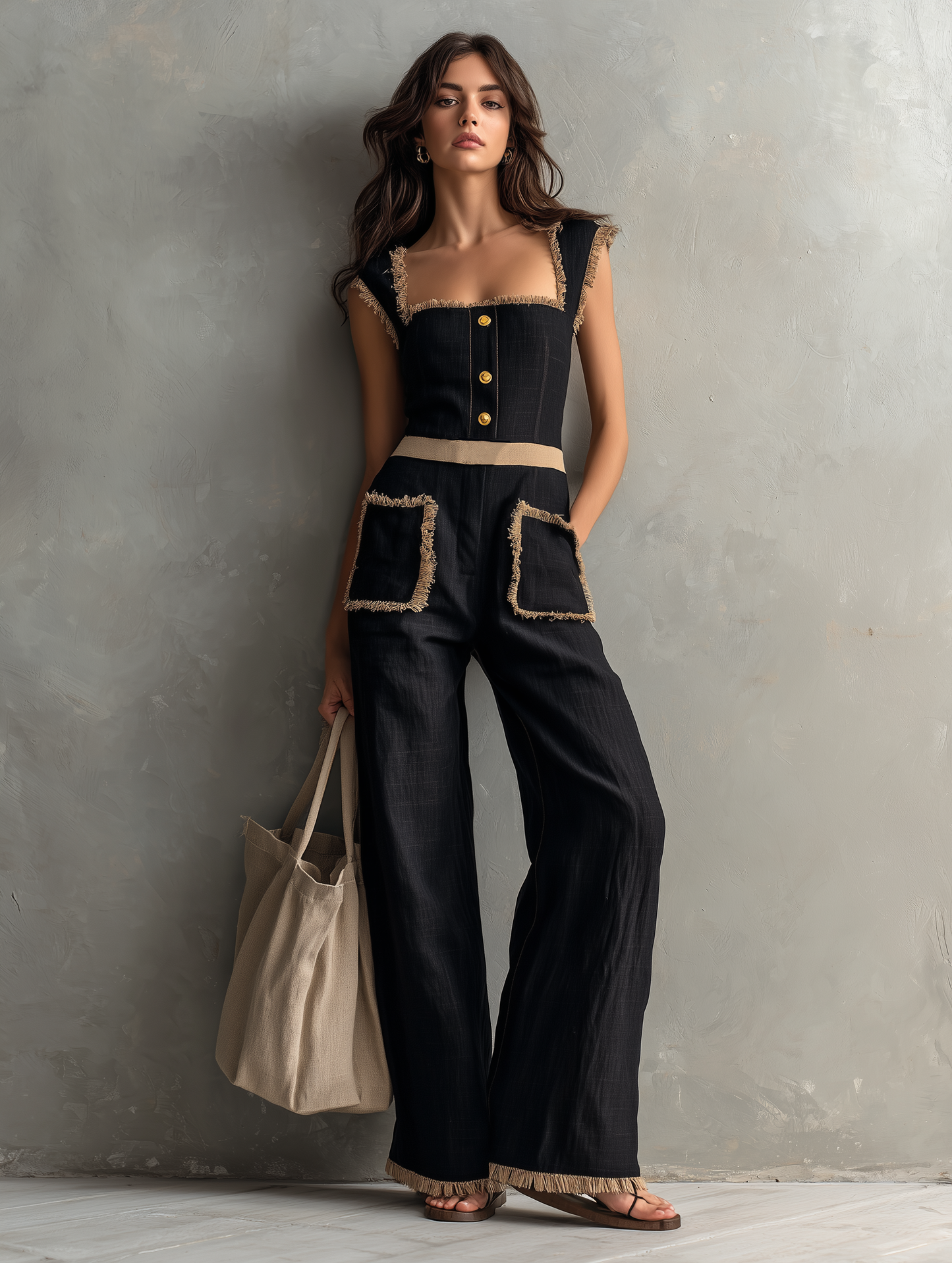 Women's Casual Black Cotton-Linen Sleeveless Jumpsuit With Wide Straps