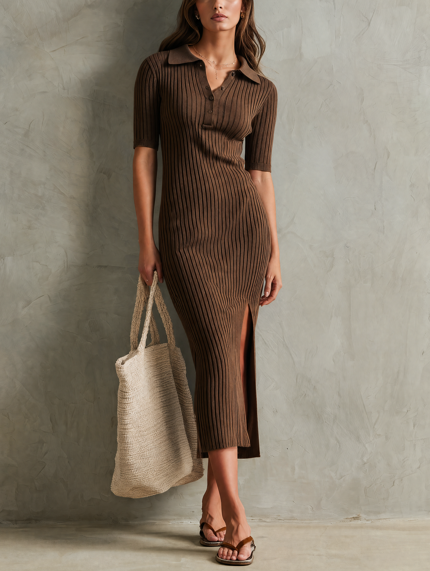 Women's Casual Brown Stretch-knit Midi Dress With Mid-length Sleeves
