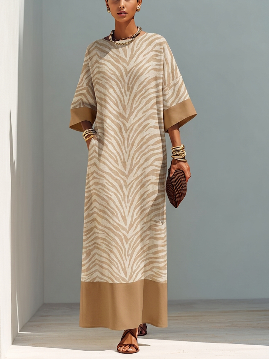 Women's Minimalist Zebra-Print Color-Block Linen Maxi Dress