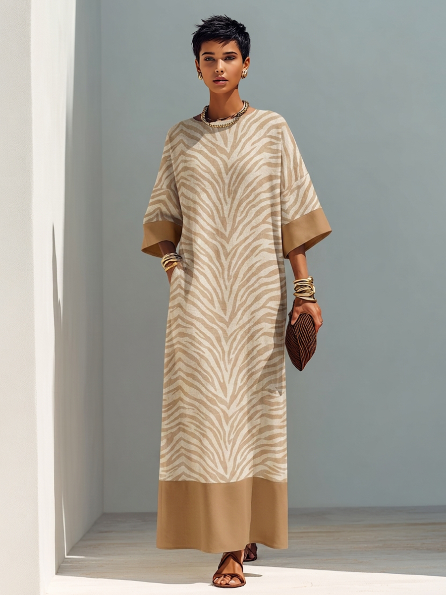 Women's Minimalist Zebra-Print Color-Block Linen Maxi Dress