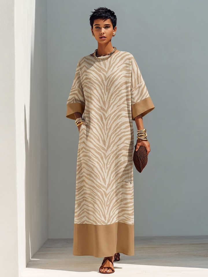 Women's Minimalist Zebra-Print Color-Block Linen Maxi Dress
