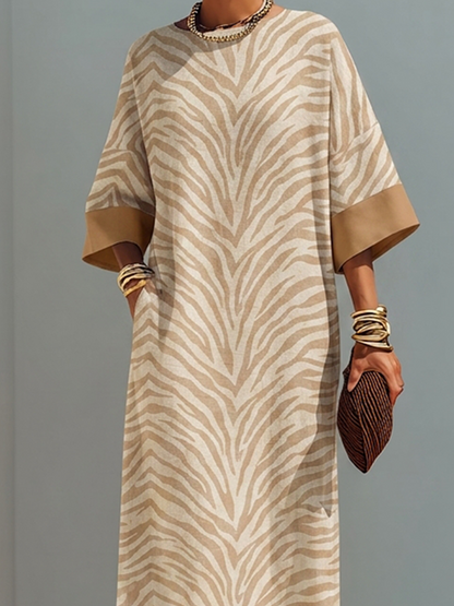 Women's Minimalist Zebra-Print Color-Block Linen Maxi Dress