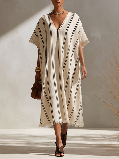 Women's Minimalist Beige & Black Diagonal-Stripe Linen Kaftan Midi Dress With Fringed Details