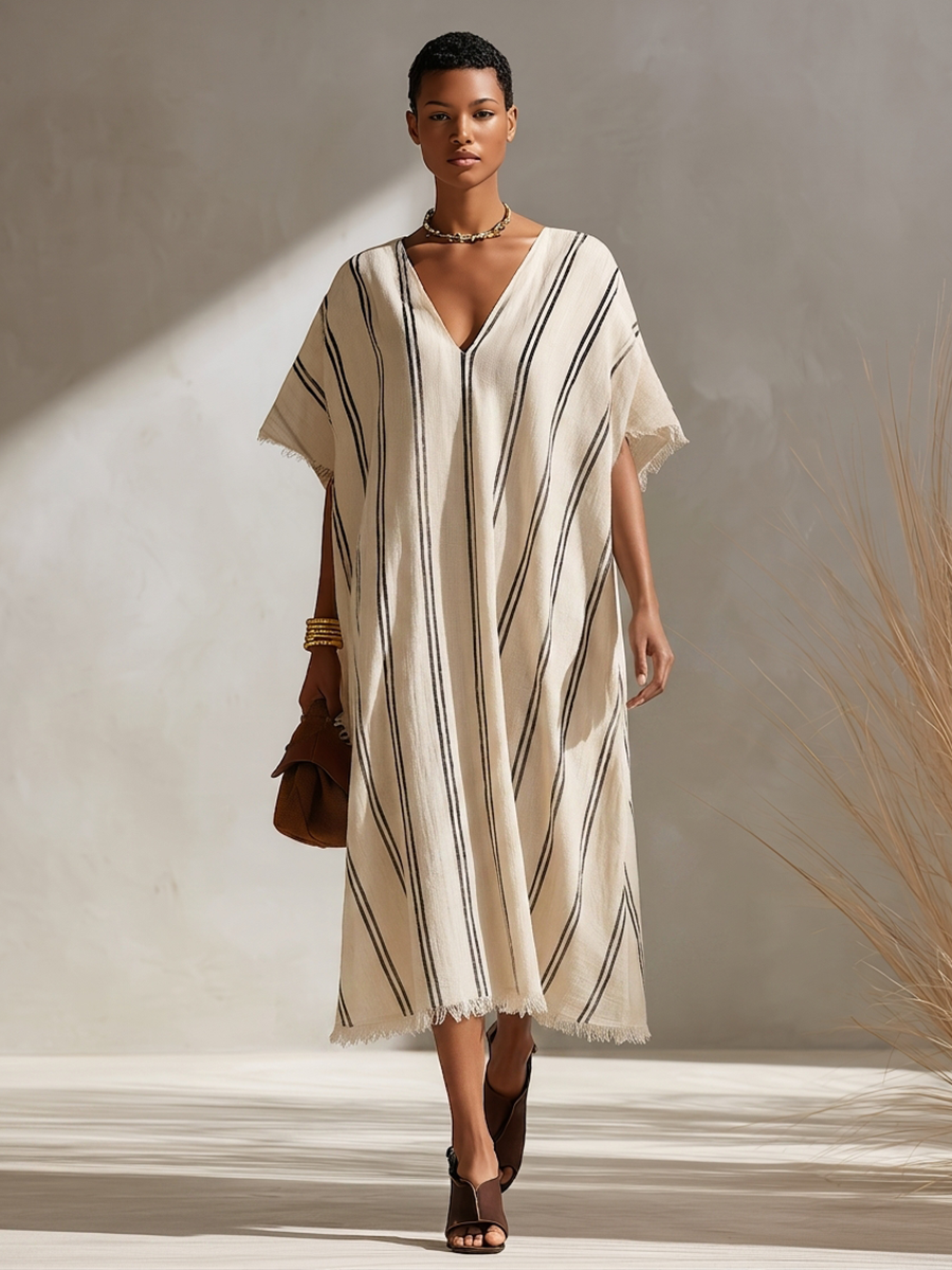 Women's Minimalist Beige & Black Diagonal-Stripe Linen Kaftan Midi Dress With Fringed Details