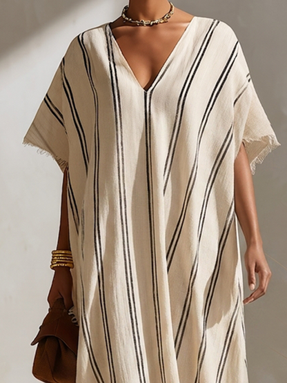 Women's Minimalist Beige & Black Diagonal-Stripe Linen Kaftan Midi Dress With Fringed Details