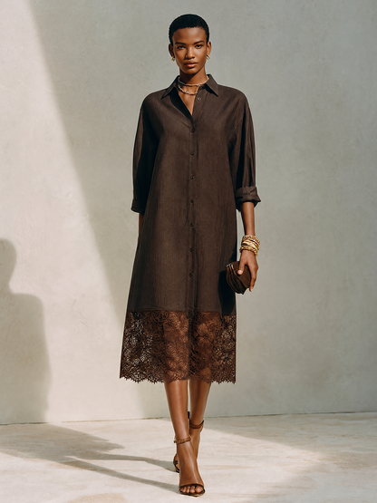 Women's Minimalist Solid Brown Linen & Lace-Panel Midi Shirt Dress