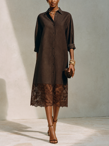 Women's Minimalist Solid Brown Linen & Lace-Panel Midi Shirt Dress
