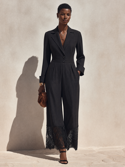 Women's Minimalist Long-Sleeve Wide-Leg Jumpsuit With Notch Lapel And Lace-Trimmed Hems