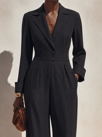 Women's Minimalist Long-Sleeve Wide-Leg Jumpsuit With Notch Lapel And Lace-Trimmed Hems
