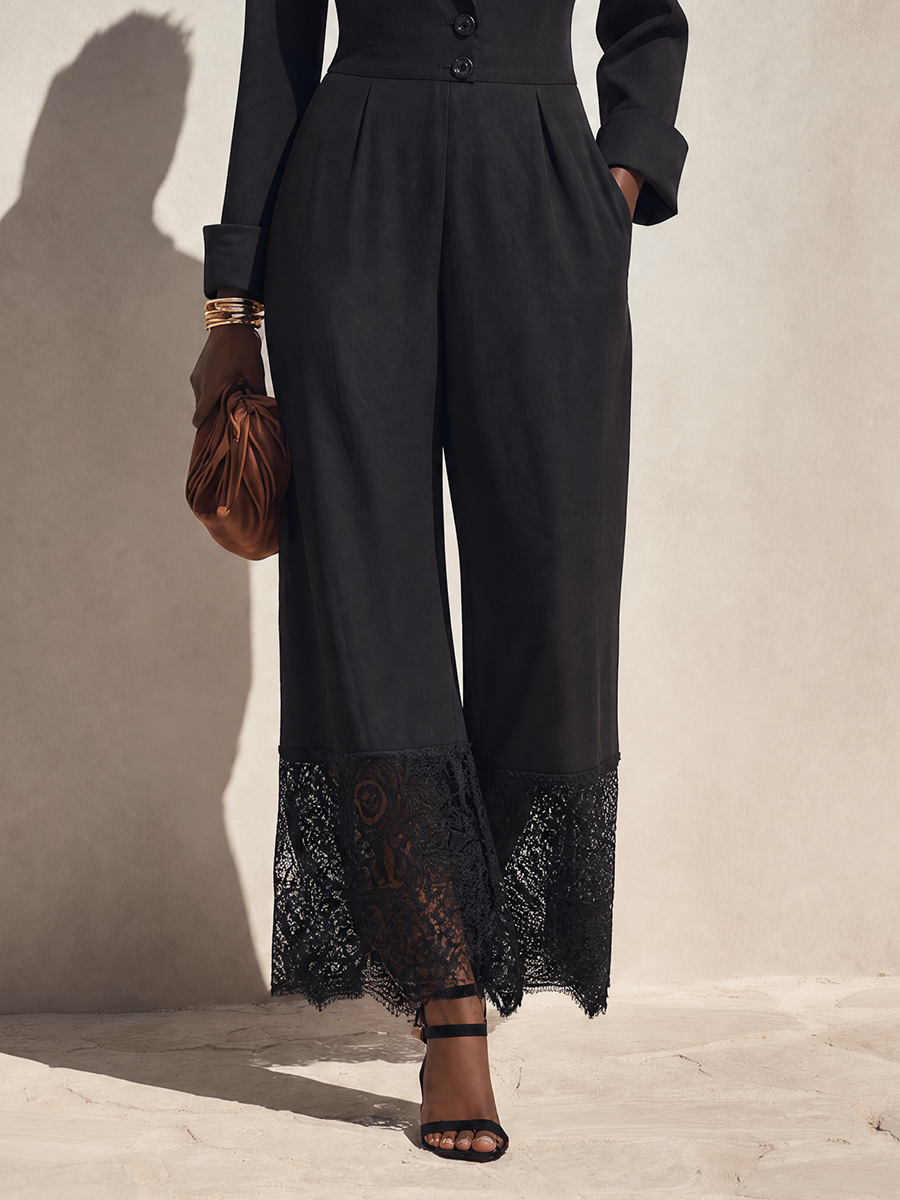 Women's Minimalist Long-Sleeve Wide-Leg Jumpsuit With Notch Lapel And Lace-Trimmed Hems