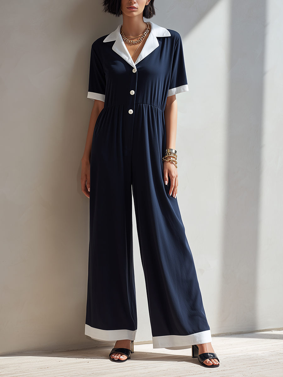 Women's Minimalist Navy & White Color-Block Lapel Short-Sleeve Wide-Leg Jumpsuit With Elastic Waist