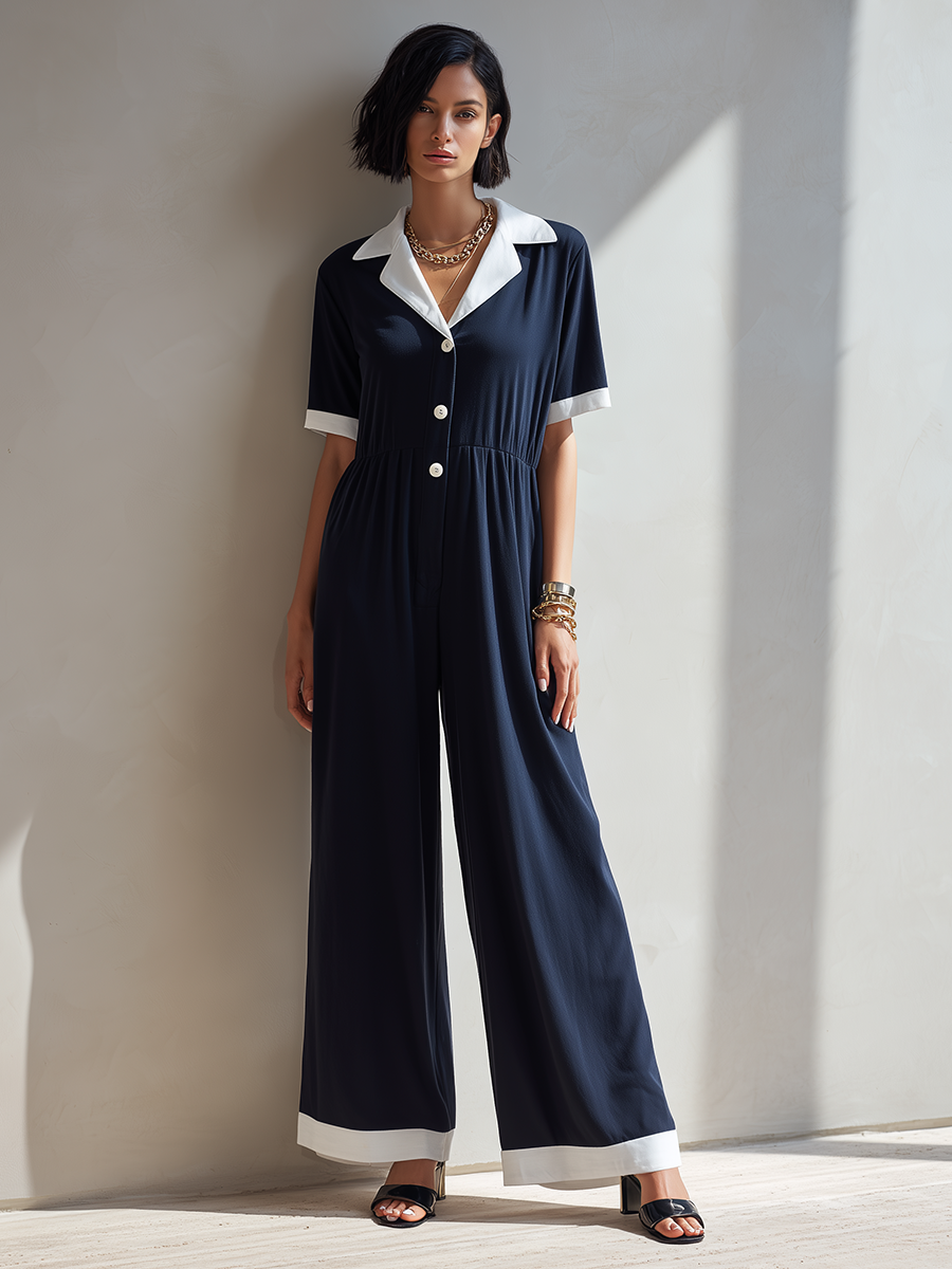 Women's Minimalist Navy & White Color-Block Lapel Short-Sleeve Wide-Leg Jumpsuit With Elastic Waist